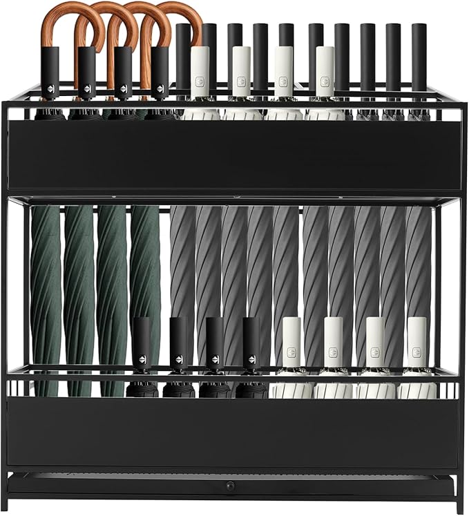 Commercial Metal Umbrella Holder Umbrella Stand with Drip Tray Entrance Umbrella Organizer Large Capacity Umbrella Rack for Home, Office, Apartment, Hotel (Black, 26.8 * 12.6 * 27.6in)