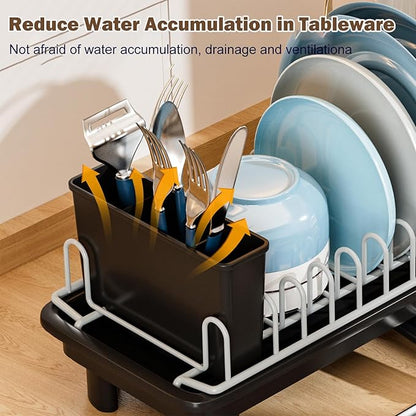 SOVGIZF Compact Dish Drying Rack with Utensil Holder – Small Countertop Dish Drainer with 360° Rotating Drain Spout, Stainless Steel Dish Rack for Kitchen Sink, Space-Saving Design for Small Kitchen