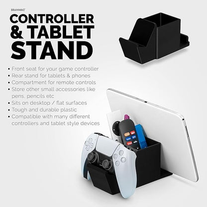 Desk Organizer with Game Controller Holder, Tablet Stand for iPads/iPhones, TV Remote & Pen Storage, Reduce Desktop Clutter, Have All Your Side Table Items in One Space (Black)