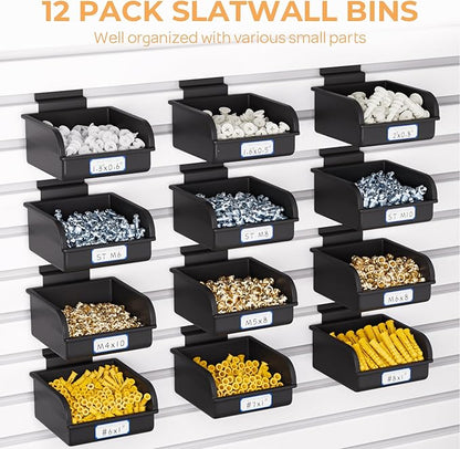 INCLY 12 Pack Slatwall Bins with Hooks, Plastic Slatwall Accessories Containers Bins for Slat Wall Panels Organizing Hardware, Garage, Craft Room, Kitchen, Tool Shed, Workbench