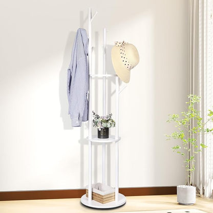 Wood Coat Rack with 3 Shelves and 9 Hooks, Freestanding Rotary Coat Tree for Entryway, Bedroom, Living Room, Hallway – Holds Jackets, Coats, Hats, Bags (White)
