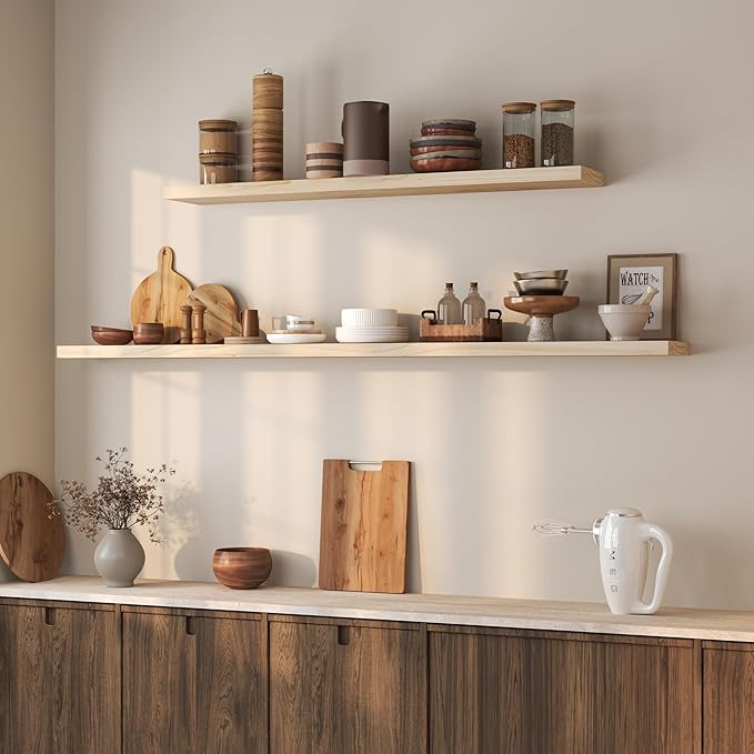 Fun Memories Floating Shelves 72 Inches Long - 8 Inch Deep Rustic Solid Wood for Storage - Farmhouse Wall Mounted for Living Room - Heavy-Duty Metal Bracket - 72" W x 8" D - Natural Unfinished for DIY
