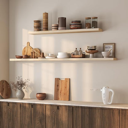 Fun Memories Floating Shelves 72 Inches Long - 8 Inch Deep Rustic Solid Wood for Storage - Farmhouse Wall Mounted for Living Room - Heavy-Duty Metal Bracket - 72" W x 8" D - Natural Unfinished for DIY