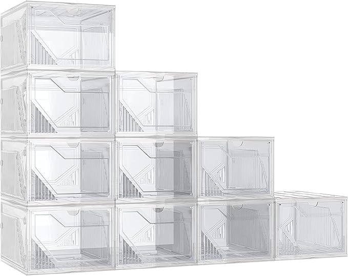 AWTATOS Shoe Boxes, 10 Pack Shoe Storage Organizers, Plastic Stackable Shoe Rack, Sneaker Containers, Toy Storage Bins for Entryway, Closet, Under Bed, Clear