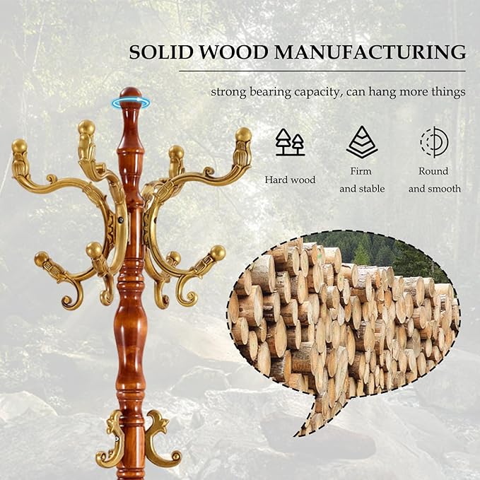 Wood Coat Rack Freestanding, Natural Coats Tree Stand with 14 Hooks, 73" Sturdy and Easy Assembly Coat Rack Stand for Entryway, Hallway, Bedroom, Bags, Hats (With storage tray-Golden)