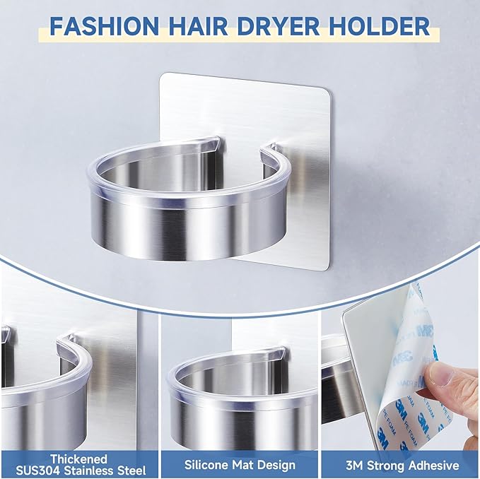 Oukimly Hair Dryer Holder Wall Mounted, Blow Dryer Holder, Hair Tool Organizer for Hair Dryer Storage Hanger, Adhesive Hairdryer Holder for Bathroom Barber Shop (Silver)