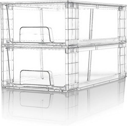 Small Stackable Clear Acrylic Storage Drawers(2 Pack) with Handles,Plastic Organizer Bins for Fridge Bathroom Kitchen Cabinet Pantry Coffee bar Undersink Office Closet Storage Bins