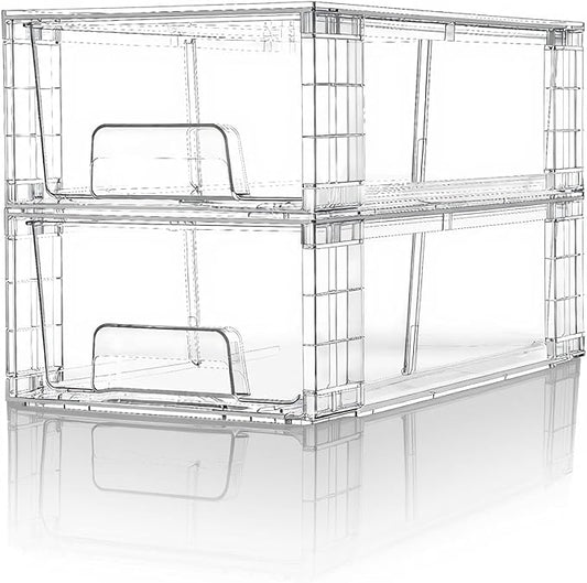 Small Stackable Clear Acrylic Storage Drawers(2 Pack) with Handles,Plastic Organizer Bins for Fridge Bathroom Kitchen Cabinet Pantry Coffee bar Undersink Office Closet Storage Bins