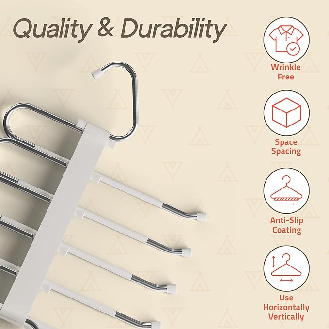Campior Space Saving Pants Hangers 4 Pack, 6 Layer Jeans Hangers and Closet Organizer for Jeans, Scarves, & Skirts, Multi-Layer Hanger with Anti-Slip Stopper, Heavy-Duty S-Type Stainless Steel, White
