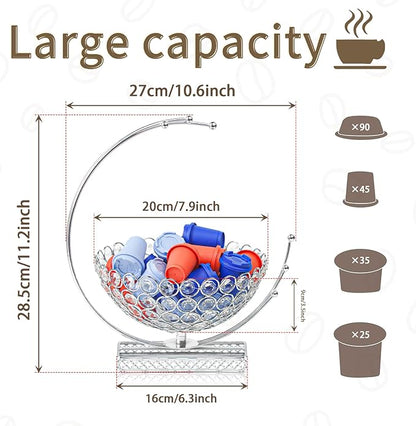 Metal & Crystal Coffee Pod Holder & Candy Basket - Elegant Multipurpose Storage Organizer for K Cups, Espresso Pods, Treats - Kitchen, Office, Home Bar (Silver, 1 PC)