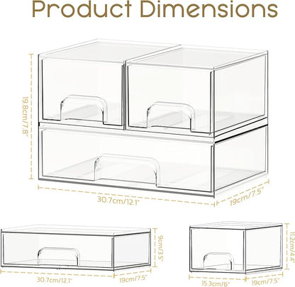 Criusia Stackable Storage Drawers, 3 Pack Clear Acrylic Makeup & Bathroom Organizer, Versatile Storage Bins for Vanity, Under Sink, Kitchen Cabinets & Pantry
