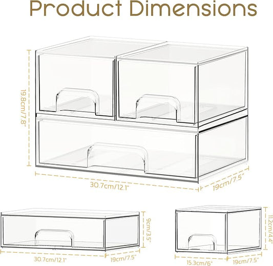 Criusia Stackable Storage Drawers, 3 Pack Clear Acrylic Makeup & Bathroom Organizer, Versatile Storage Bins for Vanity, Under Sink, Kitchen Cabinets & Pantry