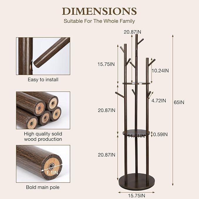Wood Coat Rack with 3 Shelves and 9 Hooks, Freestanding Rotary Coat Tree for Entryway, Bedroom, Living Room, Hallway – Holds Jackets, Coats, Hats, Bags (Walnut)