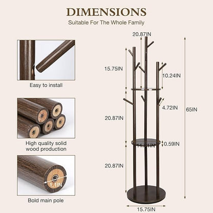 Wood Coat Rack with 3 Shelves and 9 Hooks, Freestanding Rotary Coat Tree for Entryway, Bedroom, Living Room, Hallway – Holds Jackets, Coats, Hats, Bags (Walnut)