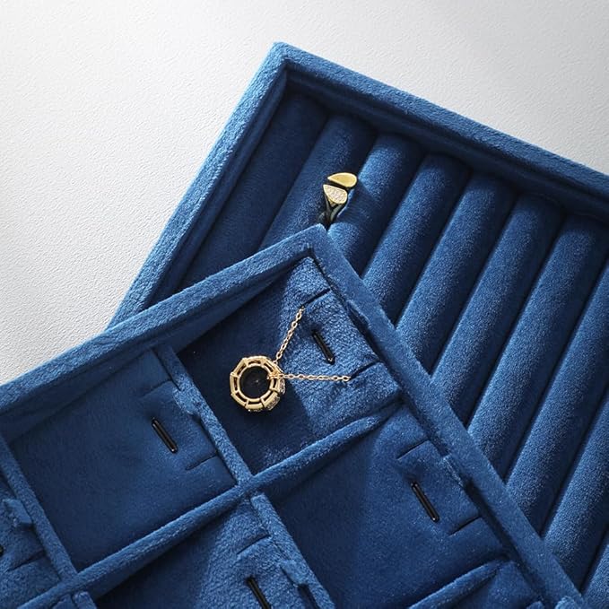 Velvet Ring Display Tray, Stackable Muilt Slot Rings Ear Stud Storage Tray, Drawer Insert Jewelry Accessories Organizers Plate (Blue)