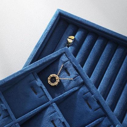 Velvet Ring Display Tray, Stackable Muilt Slot Rings Ear Stud Storage Tray, Drawer Insert Jewelry Accessories Organizers Plate (Blue)