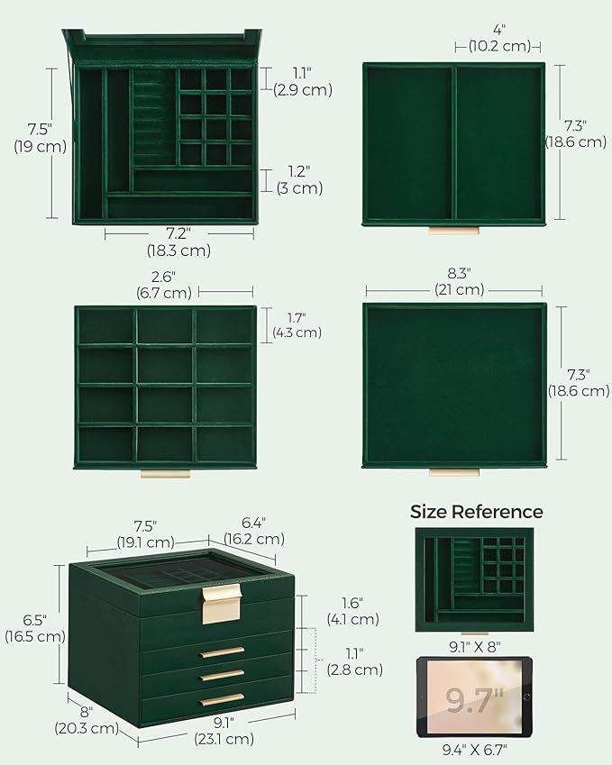 SONGMICS Jewelry Box Organizer with Glass Lid, 4-Layer Jewelry Storage, with 3 Drawers, Modern Style, 8 x 9.1 x 6.5 Inches, Forest Green and Gold Color UJBC173C01