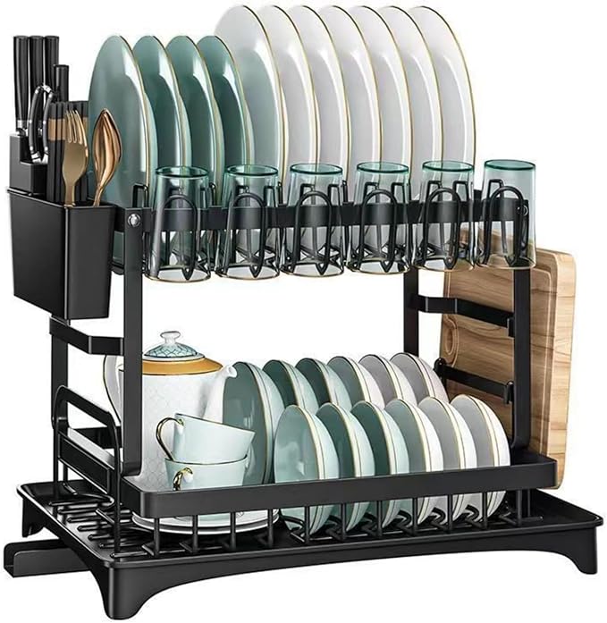 2-Tier Dish Drying Rack for Kitchen Counter - Space-Saving Dish Drainer with Extendable Drainboard, Removable Cutlery Holder, Cup & Knife Slots, Multifunctional Plate & Bowl Organizer (Black)