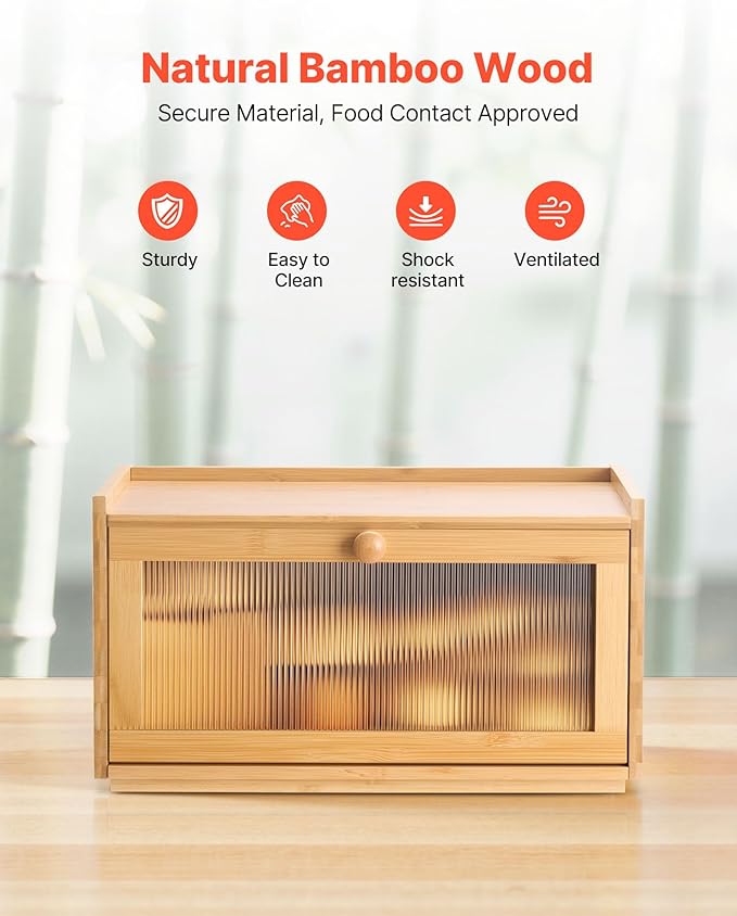 VEVOR Bread Box for Kitchen Counter, Large Capacity Bamboo Bread Storage Container, Farmhouse Wooden Breadbox Organizer for Homemade Bread, Storage Holder Bin with Acrylic Wavy Door Panel, Natural