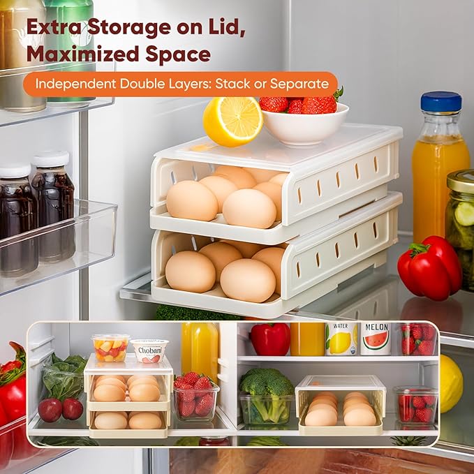 Automatic Rolling Egg Holder for Refrigerator, 1-Pack Stackable Egg Storage Containers, Smooth Glide Track, Steady Base & Dishwasher Safe