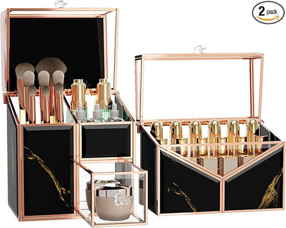 CoralHouse black makeup organizer – Vanity Holder with 18-Slot Lipstick Organizer & Covered Makeup Brush Holder – Skincare, Perfume & Cosmetic Display for Bathroom or Dresser