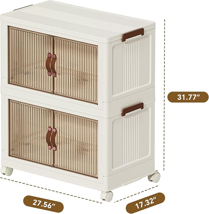 Folding Storage Bins Organizer, Foldable Stackable Plastic Storage Bins with Lids & Doors, Collapsible Drawer Boxes Containers with Wheels for Clothes, Home, Room, White, 2 Tiers