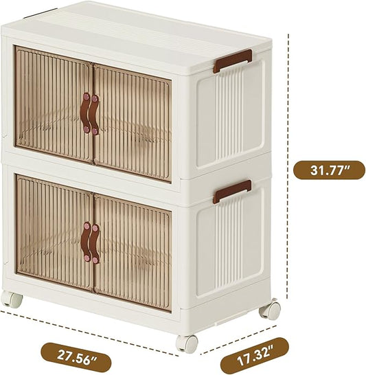 Folding Storage Bins Organizer, Foldable Stackable Plastic Storage Bins with Lids & Doors, Collapsible Drawer Boxes Containers with Wheels for Clothes, Home, Room, White, 2 Tiers