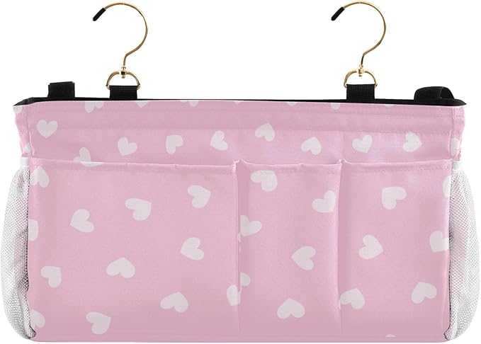 CuwrYet Bedside Caddy Hanging Bunk Bed Caddy Bed Organizer Hanging Pocket with 2 Hooks Bedside Storage Organizer Pocket Bag Holder Heart Pink