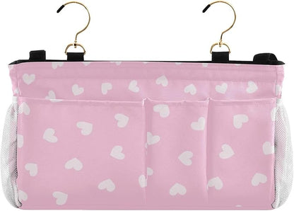CuwrYet Bedside Caddy Hanging Bunk Bed Caddy Bed Organizer Hanging Pocket with 2 Hooks Bedside Storage Organizer Pocket Bag Holder Heart Pink