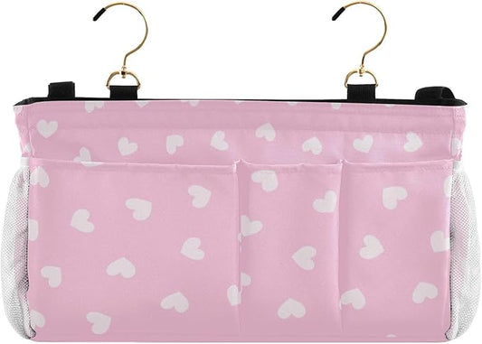 CuwrYet Bedside Caddy Hanging Bunk Bed Caddy Bed Organizer Hanging Pocket with 2 Hooks Bedside Storage Organizer Pocket Bag Holder Heart Pink