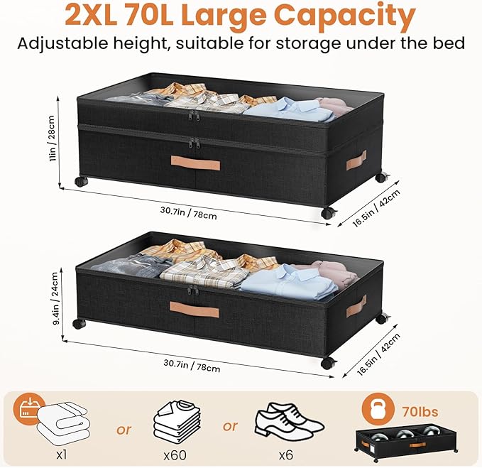 Mqaue Under Bed Storage with Wheels, 72L XXL Under the Bed Storage Containers Large, 10‘’ Tall Adjustable Storage for Underbed with Lids, Rolling for Shoes, Clothes, Blankets, Black