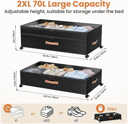 Mqaue Under Bed Storage with Wheels, 72L XXL Under the Bed Storage Containers Large, 10‘’ Tall Adjustable Storage for Underbed with Lids, Rolling for Shoes, Clothes, Blankets, Black