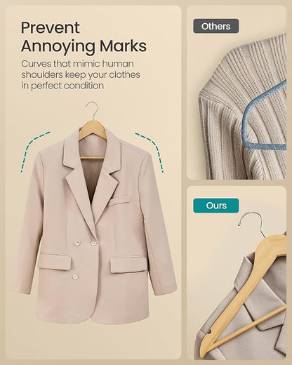 SONGMICS Wooden Hangers, Pack of 20, Coat Hangers, Pants Bar, 360° Swivel Hooks, Solid Birch Wood, 0.3-Inch Thick, Space Saving, for Jackets, Shirts, Coats, Natural Beige UCRW040K01
