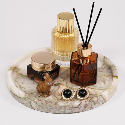 LWALMS Marble Perfume Jewelry Tray - Stone Trinket Ring Key Purse Holder Dish, Round Plate Decorative Bowl for Nightstand Entryway Coffee Table Decor (7.9 inch)