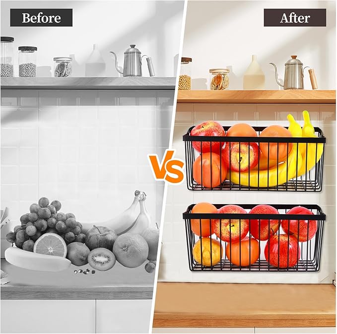 2 Pcs Fruit Basket Wire Baskets, Fruit and Veggie Storage Basket Holder for Kitchen Wall Mounted,Kitchen Organizers and Storage for Snack Onion Potato(Black)