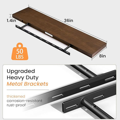 Floating Shelves 36 Inches Long - 8 Inch Deep Rustic Solid Pine Wood for Storage - Farmhouse Wall Mounted for Living Room - Heavy-Duty Metal Bracket - 36" W x 8" D - Set of 2 - American Walnut Color