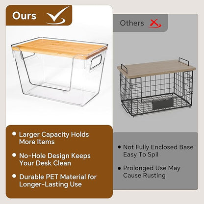 Criusia 2 Set Pantry Organizers and Storage with Bamboo Lids, Stackable Clear Bins for Onion, Potato, Fruit, Vegetables, Trash Bag Dispenser, Kitchen and Under Sink Organizer