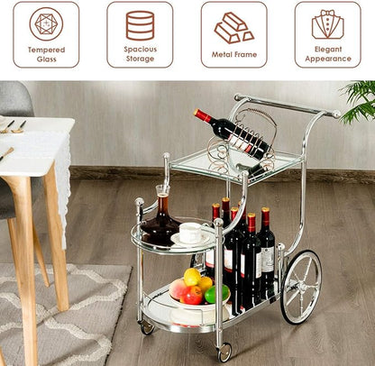 DORTALA Rolling Serving Cart, 3-Tier Metal Bar Cart with Tempered Glass, 4 Wheels Tea Serving Bar Cart for Livingroom, Kitchen, Silver
