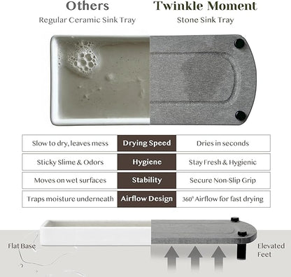 TWINKLE MOMENT 2PCS Water Absorbing Stone Soap Tray for Kitchen Bathroom Sink, Quick Dry Diatomaceous Earth Drying Rack and Shower Caddy, Soap Dispenser and Sponge Holder Organizer for Countertop