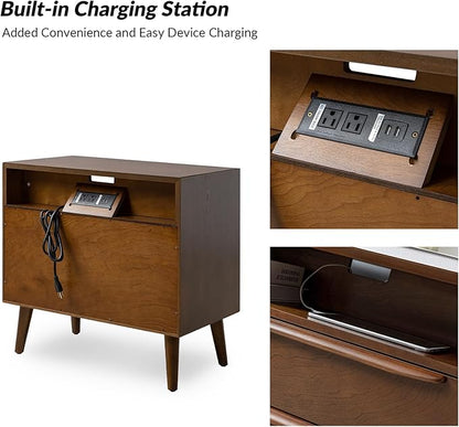 HULALA HOME End Table with Charging Station, Mid-Century Modern 2 Drawer and Open Shelf, Fluted End Table（Walnut, Set of 2）