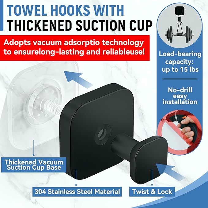 IGDALAR Suction Cup Hooks 4 Pack - Heavy Duty Vacuum Towel Hooks (Max Load 15 lbs) for Shower, Removable Waterproof Wall Hangers for Bathroom Glass, Window & Kitchen (Black)