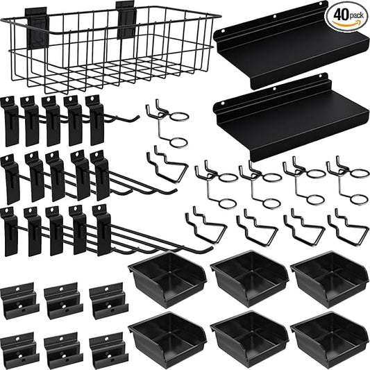 40 Pcs Slatwall Accessories Set - Includes Metal Wire Baskets, Storage Bins, Hooks, Screwdriver Holders and Shelves for Garage and Room Storage
