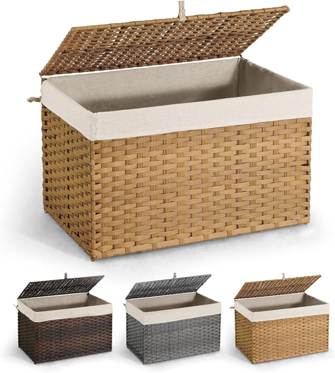 CAPHAUS Handwoven Synthetic Rattan Storage Basket w/Lid, Foldable Clothes Basket with Handles, 2 Removable Liner Bags for Laundry, Large Laundry Basket w/Lid, Laundry Basket w/Lid, 160L, Natural