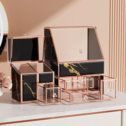 CoralHouse Makeup Organizer Black,Glass Vanity Organizer for Skincare, Perfume, Brushes & Lipsticks – Countertop Makeup Storage Box for Women, Bathroom or Dresser
