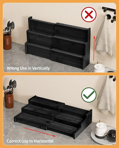 Spice Rack, 3-Tier Expandable Bamboo Spice Rack Organizer for Cabinet - Kitchen, Pantry and Cupboard Storage Organizer-Black