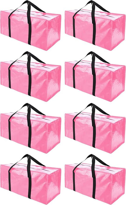 Extra Large Moving Bags with Zippers & Carrying Handles, Heavy-Duty Storage Tote for Space Saving Moving Storage, Fold Flat, Alternative to Box and Bin - 8 Pack, 40 Gal, Pink