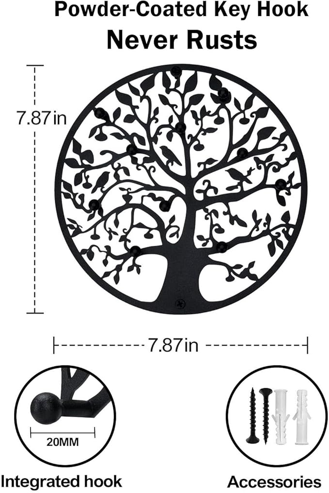 Round Decorative Home Key Holder Wall Mount, Metal Tree Car Key Rack for Wall Organizer for Keys, Wallets, Hats, Used for Decor for House Entryway, Kitchen, Garage, Office (8" Black)