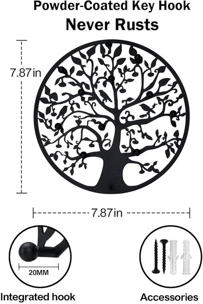 Round Decorative Home Key Holder Wall Mount, Metal Tree Car Key Rack for Wall Organizer for Keys, Wallets, Hats, Used for Decor for House Entryway, Kitchen, Garage, Office (8" Black)