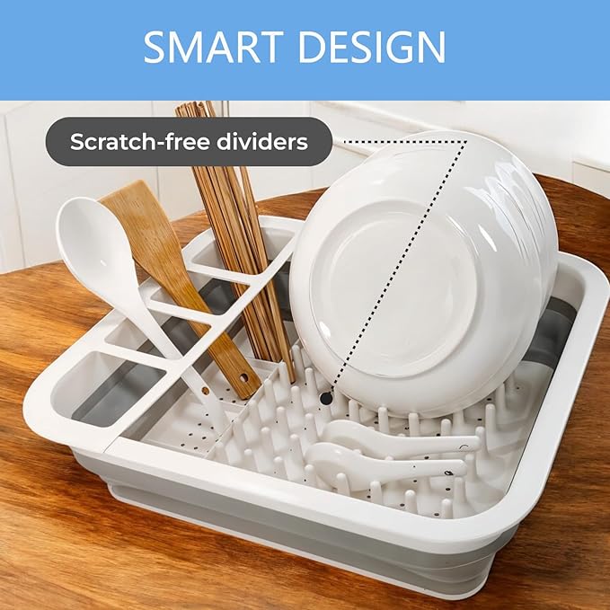 Collapsible Drying Basket & Portable Dish Drying Rack – Comes with 6 Kitchen Scouring Pads, Ideal for Kitchen, RV, Camper and Travel Trailer
