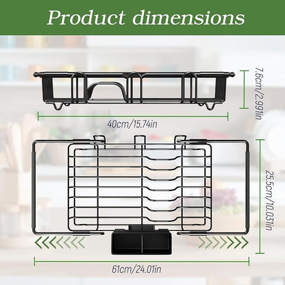 KUK Dish Drying Rack in Sink, Expandable Stainless Steel Over The Sink Dish Rack with Cutlery Holder & Cup Holders, Large Kitchen Racks for Dishes Vegetables Fruits (Black)